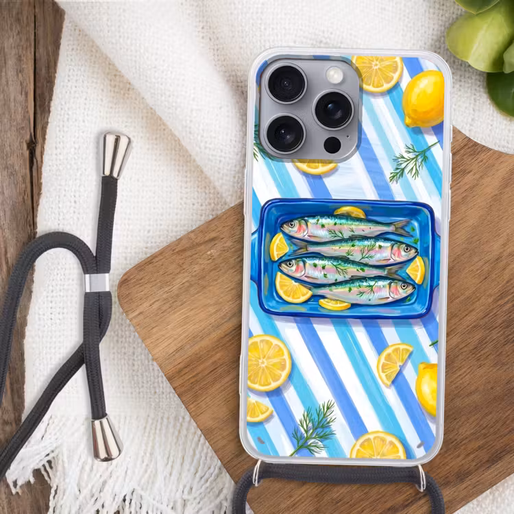 Vis - Citroen - Kruiden - Eten - Blauw Hoesje iPhone 16 Pro Max met koord klein -sfeer4