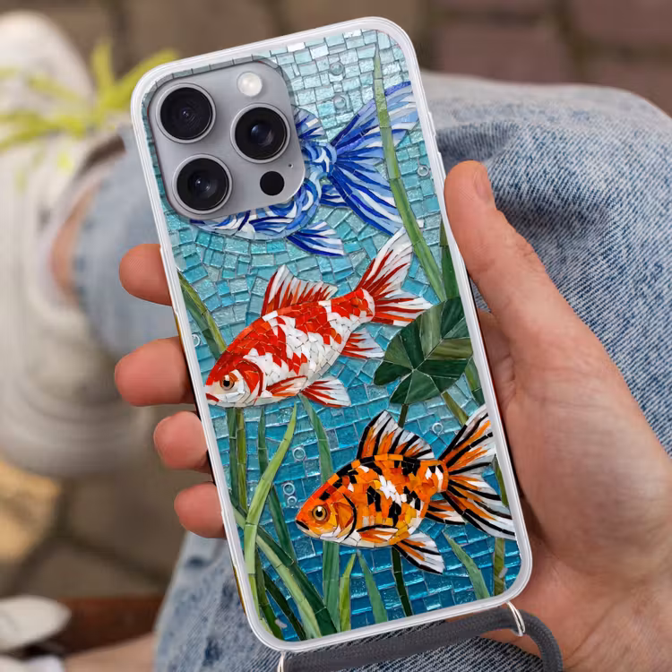 Vis - Mozaïek - Onderwater - Kleurrijk - Dieren Hoesje iPhone 16 Pro Max met koord klein -sfeer3