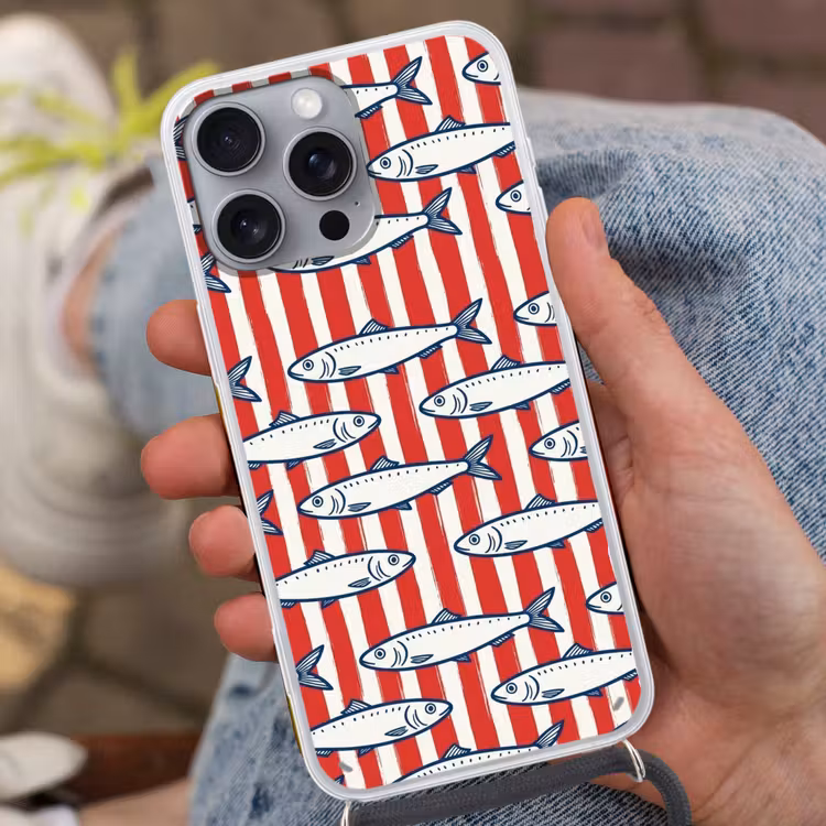 Vis - Patroon - Strepen - Illustratie - Rood Hoesje iPhone 16 Pro Max met koord klein -sfeer3