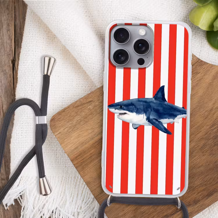 Vis - Haai - Zee - Illustratie - Blauw Hoesje iPhone 16 Pro Max met koord klein -sfeer4