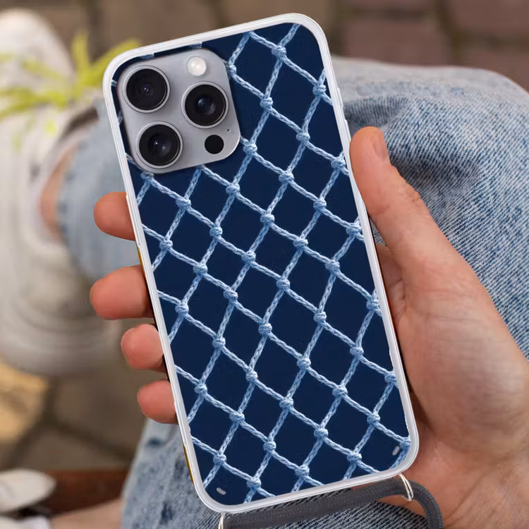Visnet - Touw - Patroon - Marineblauw Hoesje iPhone 16 Pro Max met koord klein 804 -sfeer3