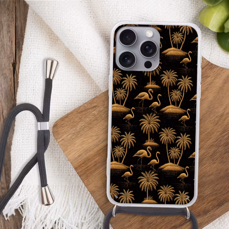 Flamingo - Palmbomen - Tropisch - Goud - Zwart Hoesje iPhone 16 Pro Max met koord klein 804 -sfeer4