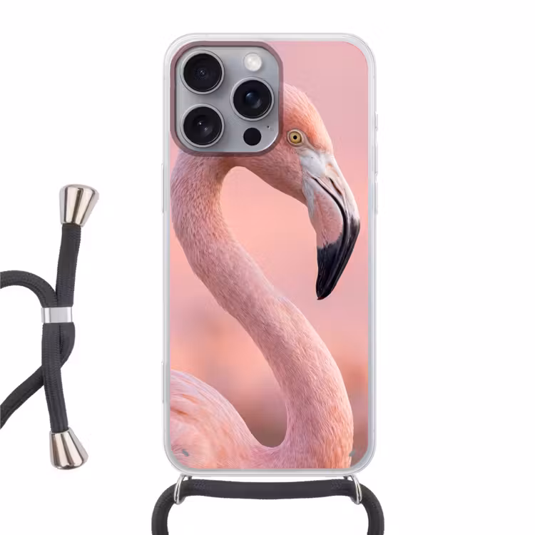 Flamingo - Portret - Roze Hoesje iPhone 16 Pro Max met koord klein -3d
