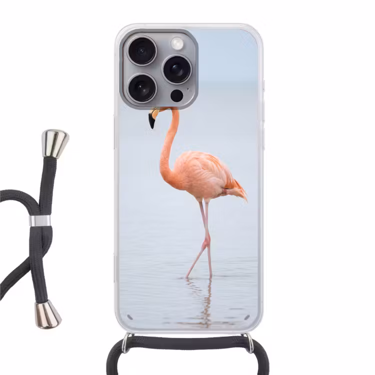 Flamingo - Zee - Roze Hoesje iPhone 16 Pro Max met koord klein -3d