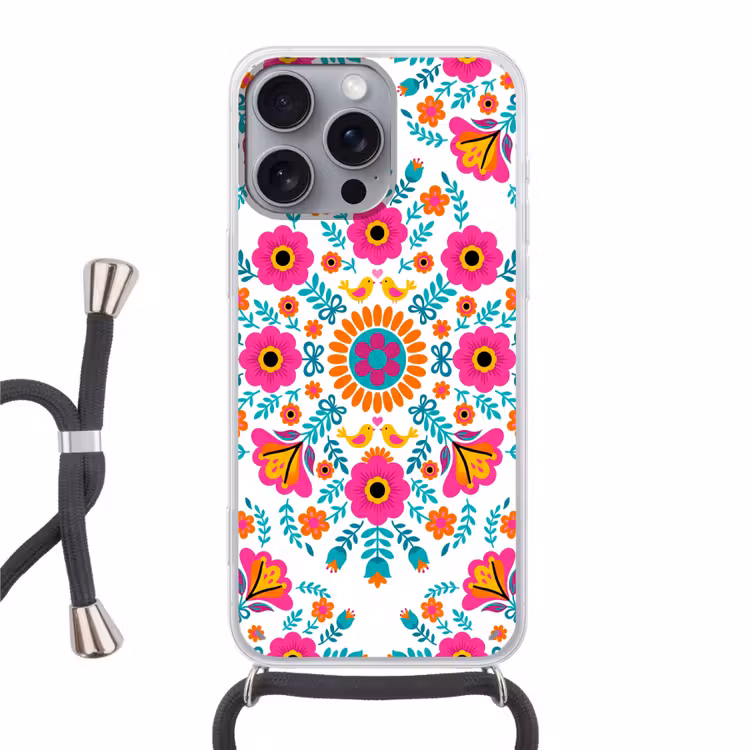 Bloemen - Vogel - Patroon - Kleurrijk - Modern Hoesje iPhone 16 Pro Max met koord klein -3d