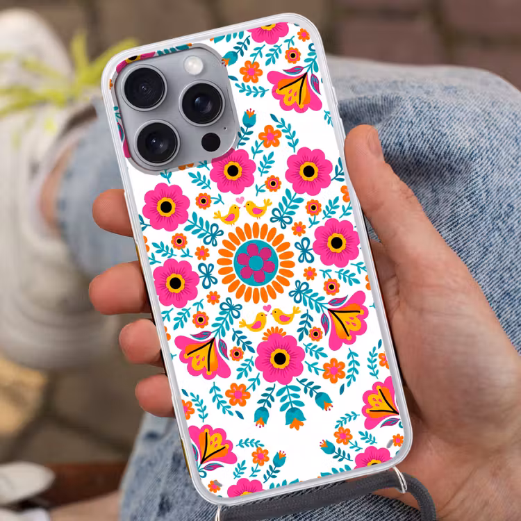 Bloemen - Vogel - Patroon - Kleurrijk - Modern Hoesje iPhone 16 Pro Max met koord klein -sfeer3