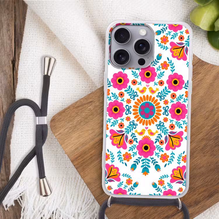 Bloemen - Vogel - Patroon - Kleurrijk - Modern Hoesje iPhone 16 Pro Max met koord klein -sfeer4