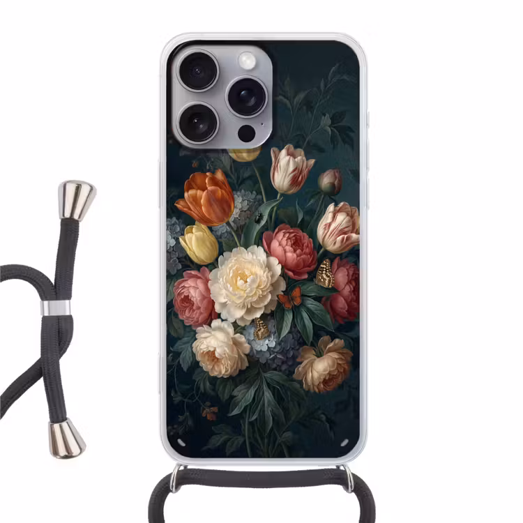 Bloemen - Boeket - Natuur - Klassiek - Donker Hoesje iPhone 16 Pro Max met koord klein -3d