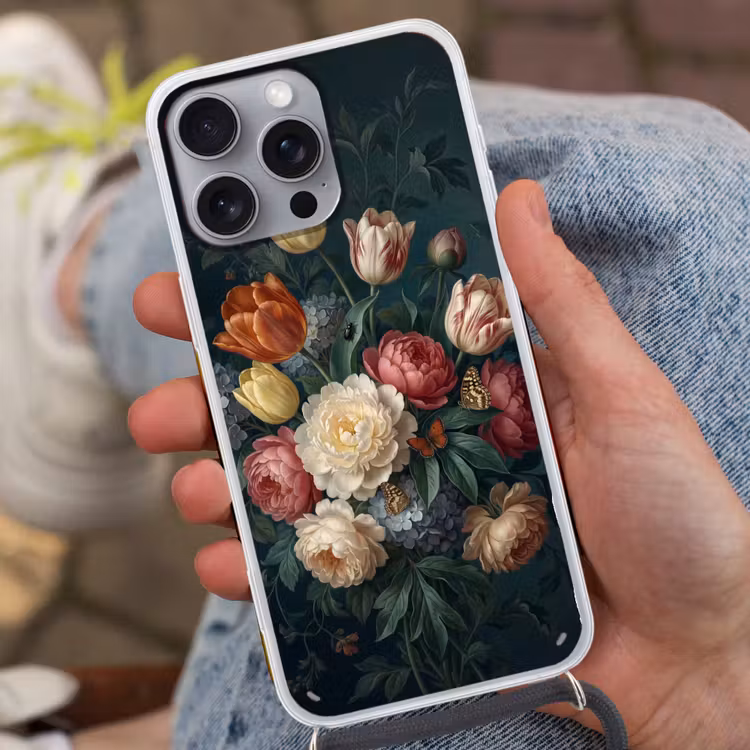Bloemen - Boeket - Natuur - Klassiek - Donker Hoesje iPhone 16 Pro Max met koord klein -sfeer3