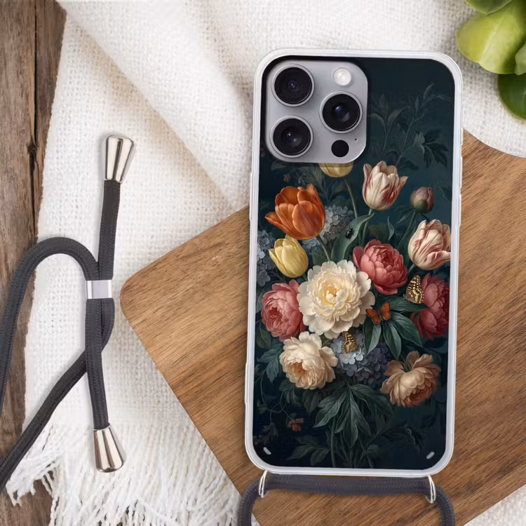 Bloemen - Boeket - Natuur - Klassiek - Donker Hoesje iPhone 16 Pro Max met koord klein -sfeer4