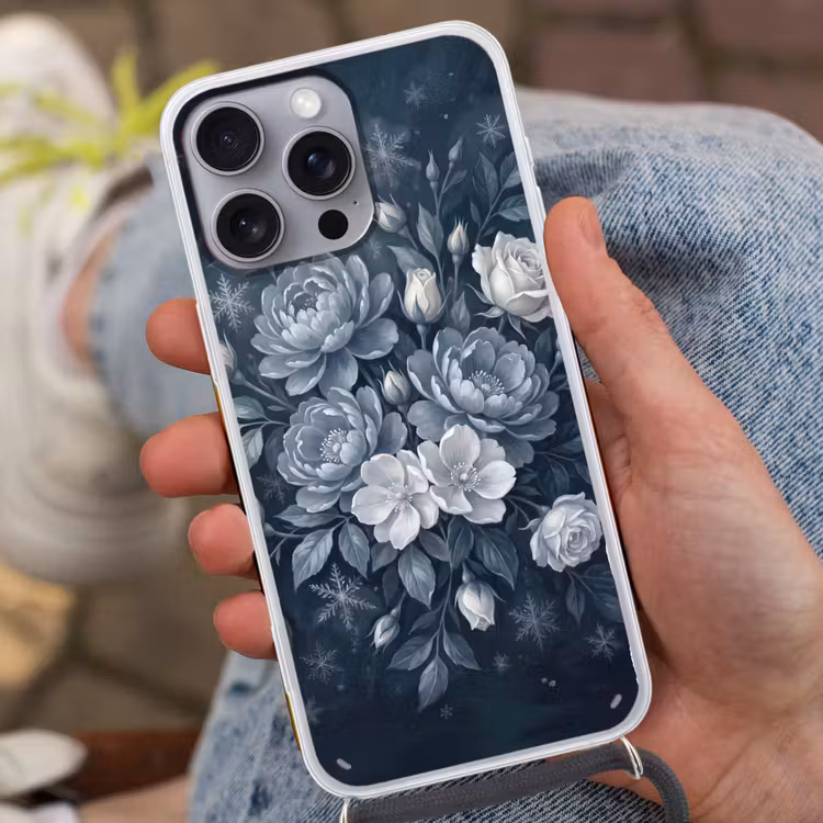 Bloemen - Boeket - Winter - Abstract - Blauw Hoesje iPhone 16 Pro Max met koord klein -sfeer3
