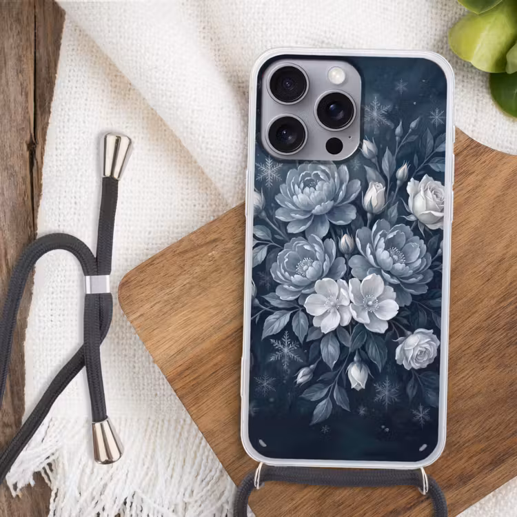 Bloemen - Boeket - Winter - Abstract - Blauw Hoesje iPhone 16 Pro Max met koord klein -sfeer4