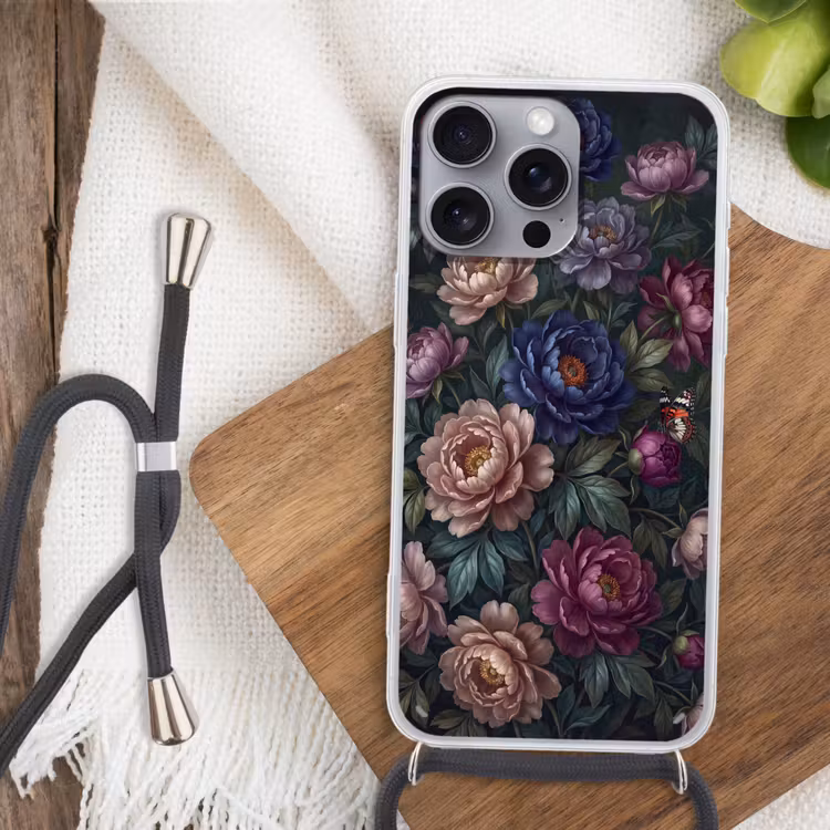Bloemen - Vlinder - Natuur - Modern - Paars Hoesje iPhone 16 Pro Max met koord klein -sfeer4