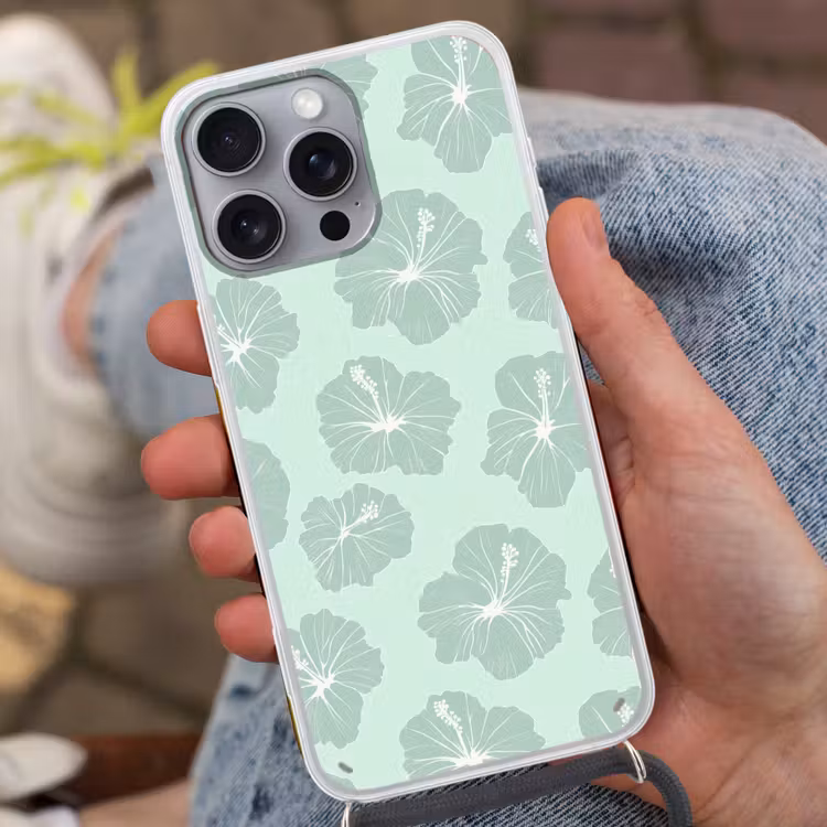Bloemen - Hibiscus - Mint Hoesje iPhone 16 Pro Max met koord klein 804 -sfeer3