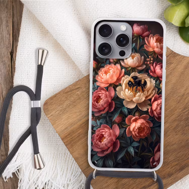 Bloemen - Insect - Natuur - Roze Hoesje iPhone 16 Pro Max met koord klein -sfeer4