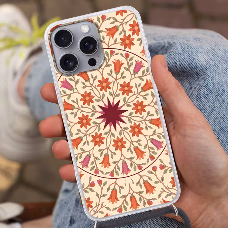 Bloemen - Mandala - Decoratief - Rood Hoesje iPhone 16 Pro Max met koord klein -sfeer3