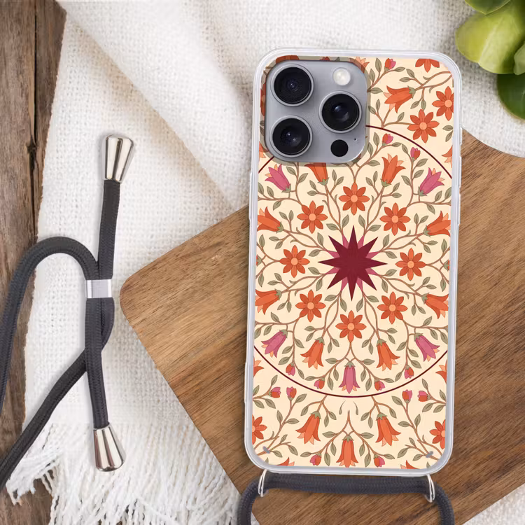Bloemen - Mandala - Decoratief - Rood Hoesje iPhone 16 Pro Max met koord klein -sfeer4