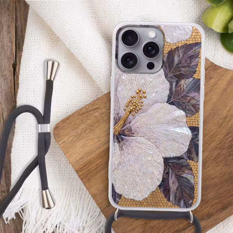 Bloemen - Mozaïek - Kunst - Modern - Goud Hoesje iPhone 16 Pro Max met koord klein -sfeer4