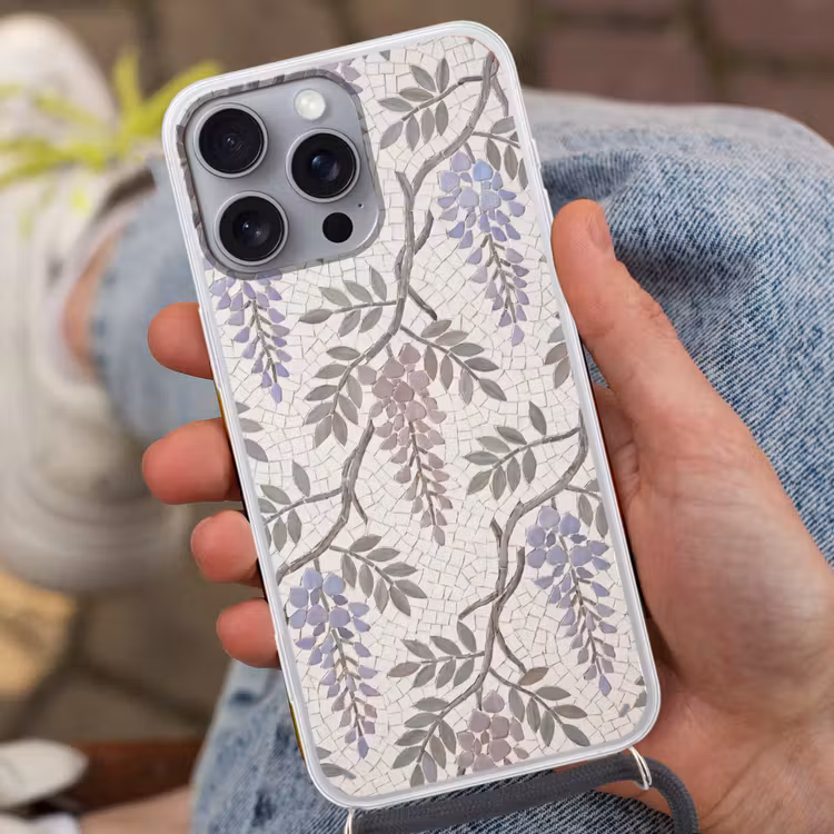 Bloemen - Mozaïek - Natuur - Patroon - Paars Hoesje iPhone 16 Pro Max met koord klein -sfeer3