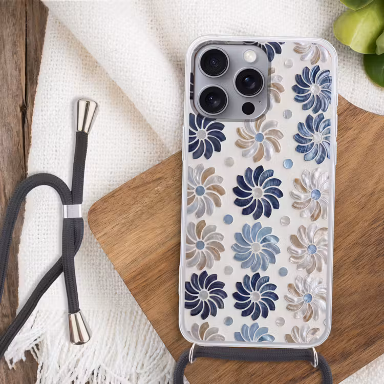 Bloemen - Parelmoer - Abstract - Patroon - Blauw Hoesje iPhone 16 Pro Max met koord klein -sfeer4