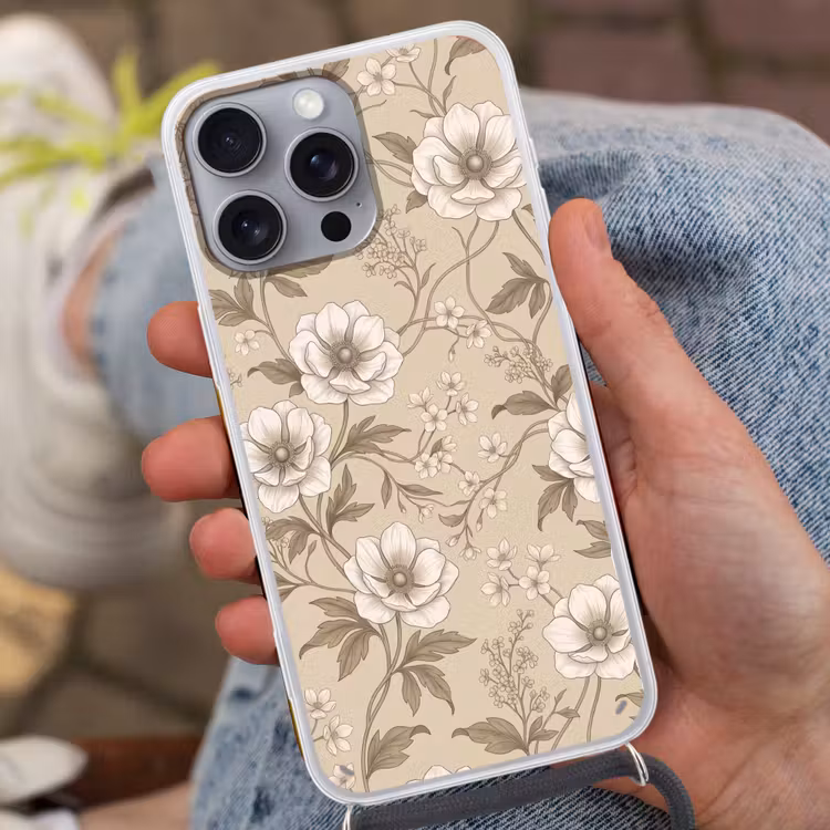 Bloemen - Patroon - Beige Hoesje iPhone 16 Pro Max met koord klein -sfeer3