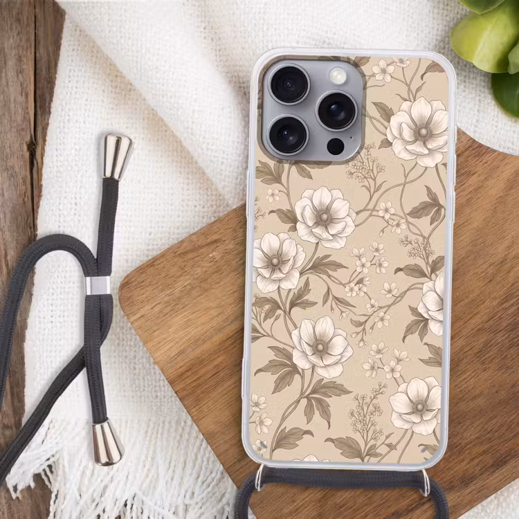 Bloemen - Patroon - Beige Hoesje iPhone 16 Pro Max met koord klein -sfeer4