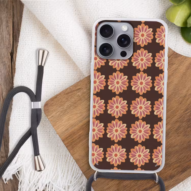 Bloemen - Patroon - Bruin Hoesje iPhone 16 Pro Max met koord klein 804 -sfeer4
