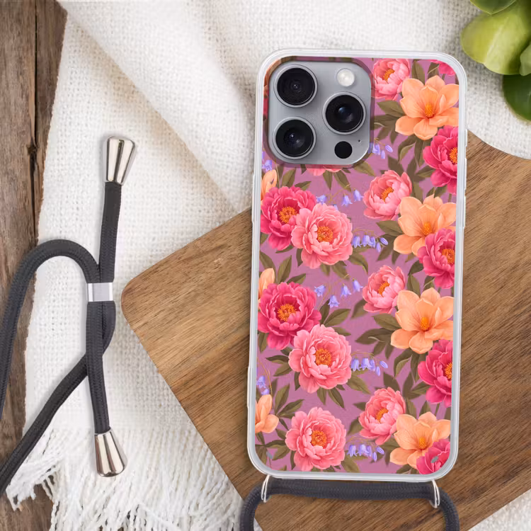 Bloemen - Patroon - Illustratie - Roze Hoesje iPhone 16 Pro Max met koord klein -sfeer4