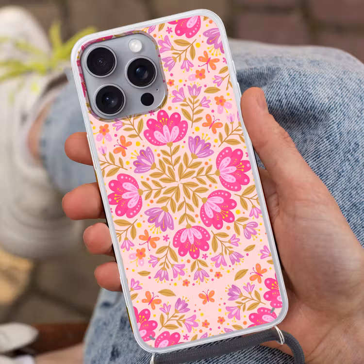 Bloemen - Patroon - Natuur - Abstract - Roze Hoesje iPhone 16 Pro Max met koord klein -sfeer3