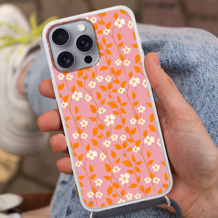 Bloemen - Patroon - Oranje Hoesje iPhone 16 Pro Max met koord klein 804 -sfeer3