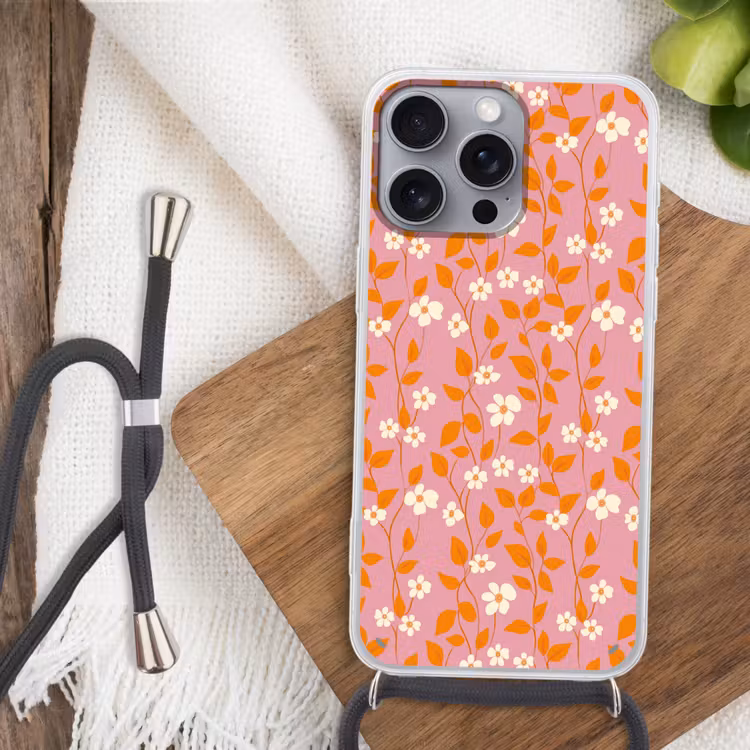 Bloemen - Patroon - Oranje Hoesje iPhone 16 Pro Max met koord klein 804 -sfeer4