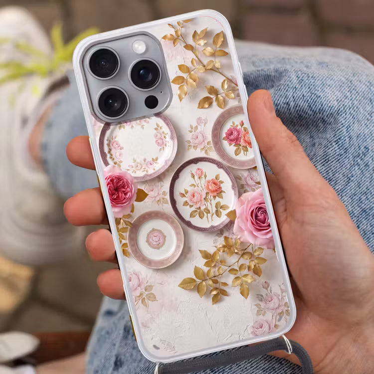 Bloemen - Patroon - Vintage - Roze - Decoratie Hoesje iPhone 16 Pro Max met koord klein -sfeer3