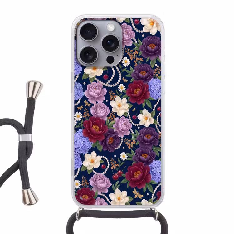 Bloemen - Parels - Decoratie - Modern - Blauw Hoesje iPhone 16 Pro Max met koord klein -3d