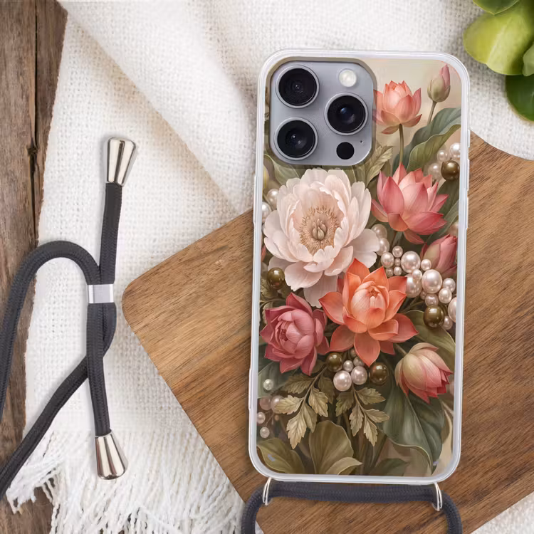 Bloemen - Parels - Elegant - Roze - Wit Hoesje iPhone 16 Pro Max met koord klein -sfeer4
