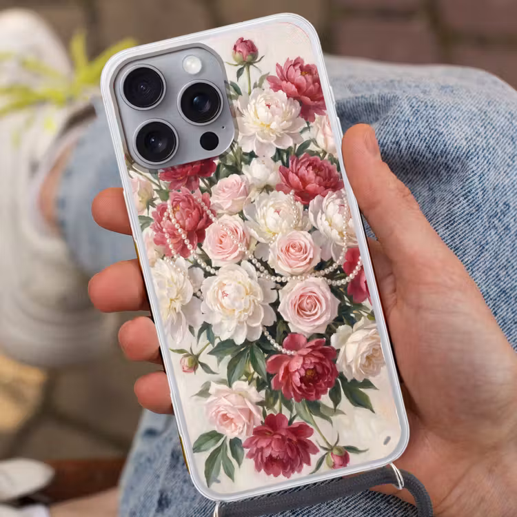 Bloemen - Parels - Romantiek - Klassiek - Roze Hoesje iPhone 16 Pro Max met koord klein -sfeer3