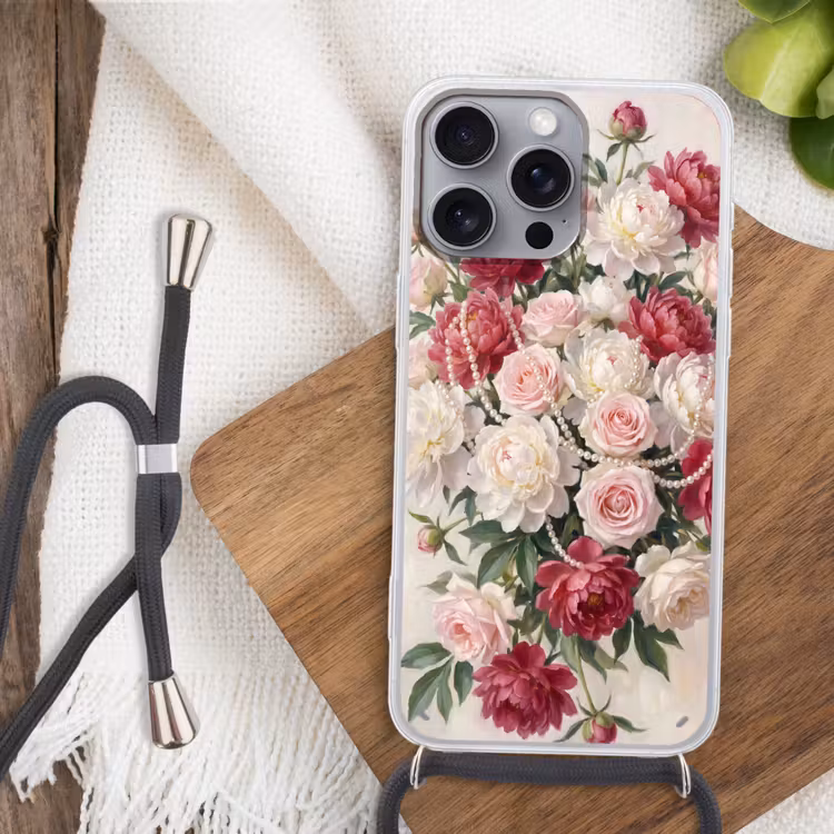 Bloemen - Parels - Romantiek - Klassiek - Roze Hoesje iPhone 16 Pro Max met koord klein -sfeer4