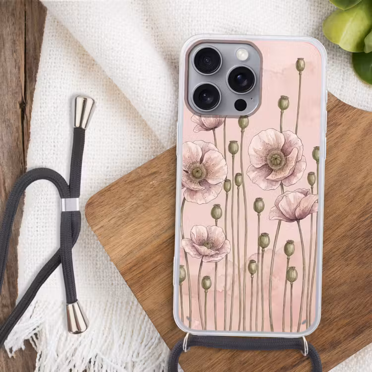Bloemen - Zomer - Natuur - Aquarel - Roze Hoesje iPhone 16 Pro Max met koord klein -sfeer4