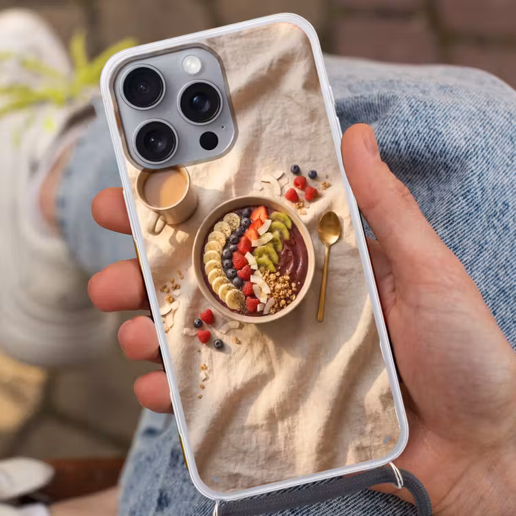 Eten - Ontbijtkom - Fruit - Gezond - Kleurrijk Hoesje iPhone 16 Pro Max met koord klein -sfeer3