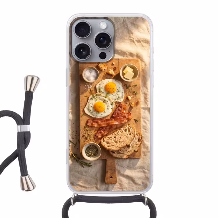 Eten - Ontbijt - Hout - Rustiek - Geel Hoesje iPhone 16 Pro Max met koord klein -3d