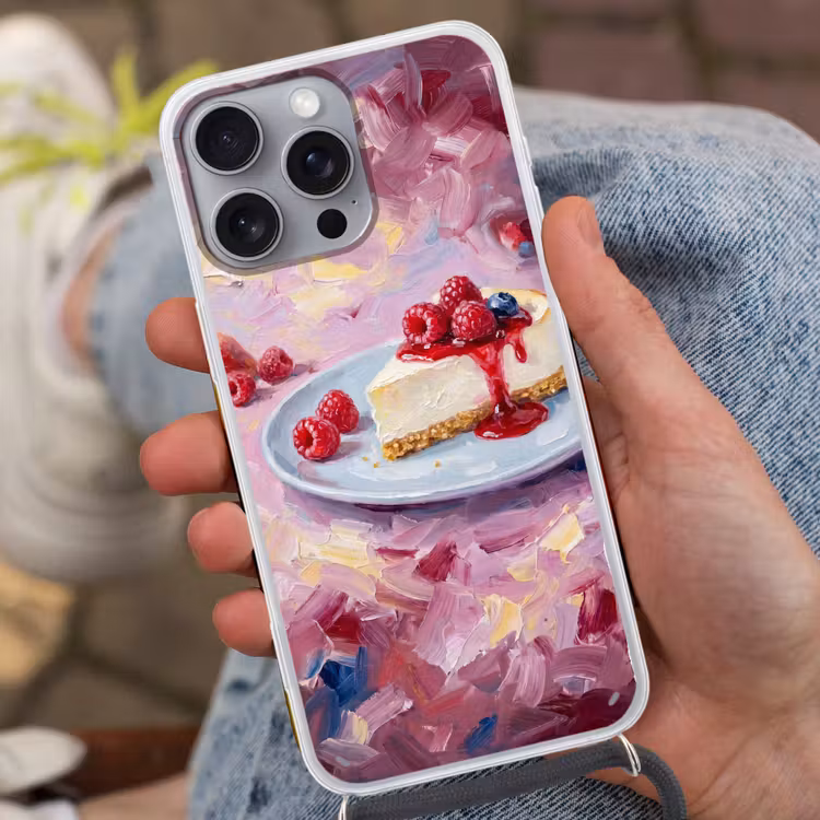 Eten - Cheesecake - Bessen - Abstract - Roze Hoesje iPhone 16 Pro Max met koord klein -sfeer3