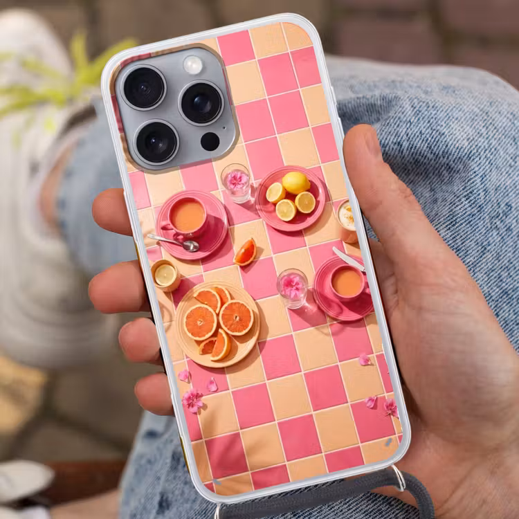 Eten - Citrusvruchten - Stillevens - Roze - Oranje Hoesje iPhone 16 Pro Max met koord klein -sfeer3