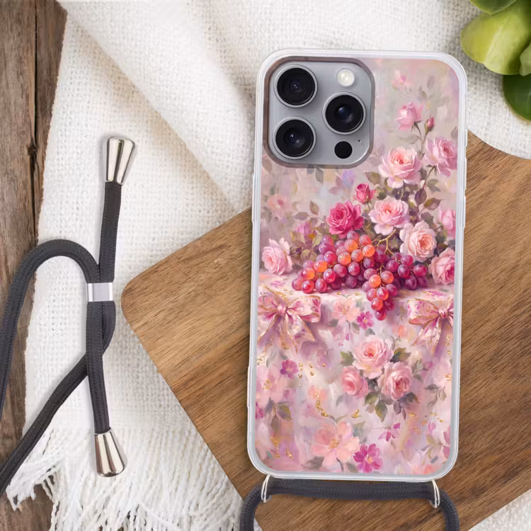 Eten - Bloemen - Stilleven - Roze - Goud Hoesje iPhone 16 Pro Max met koord klein -sfeer4