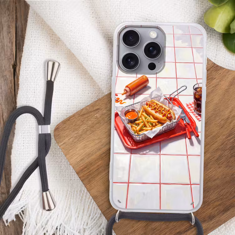 Eten - Hotdog - Fastfood - Modern - Rood Hoesje iPhone 16 Pro Max met koord klein -sfeer4