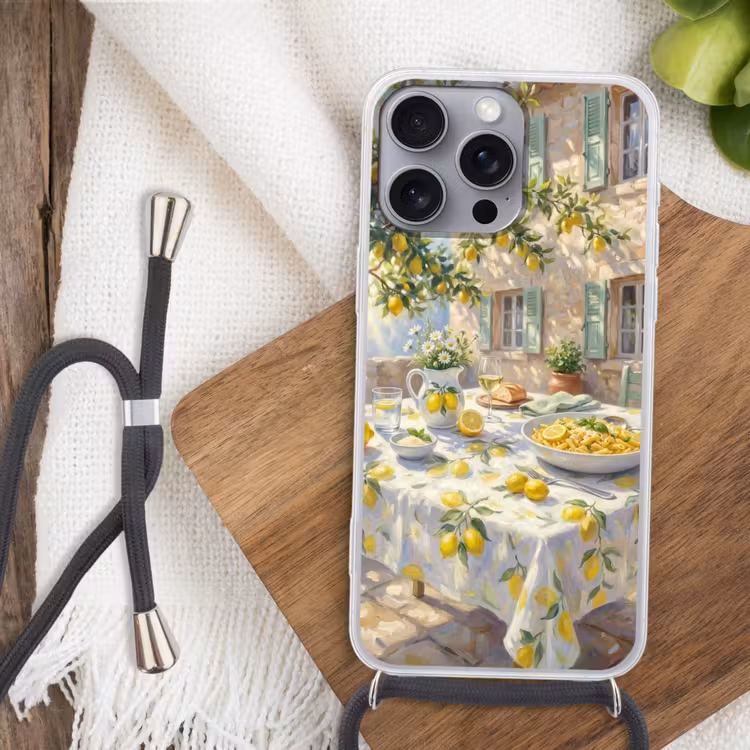 Eten - Terras - Zomer - Geschilderd - Geel Hoesje iPhone 16 Pro Max met koord klein -sfeer4
