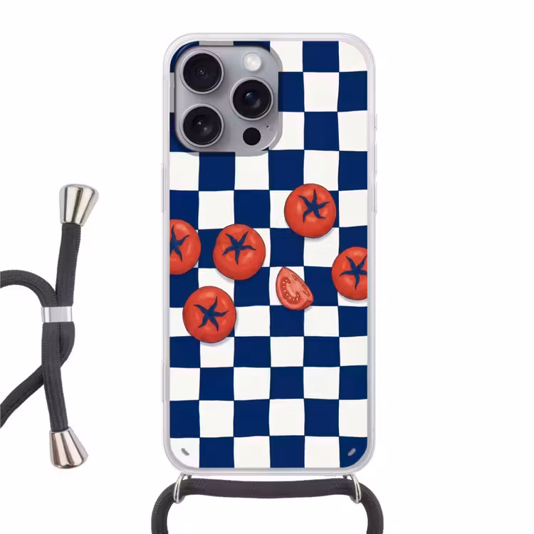 Eten - Tomaten - Keuken - Illustratie - Rood-Blauw Hoesje iPhone 16 Pro Max met koord klein -3d