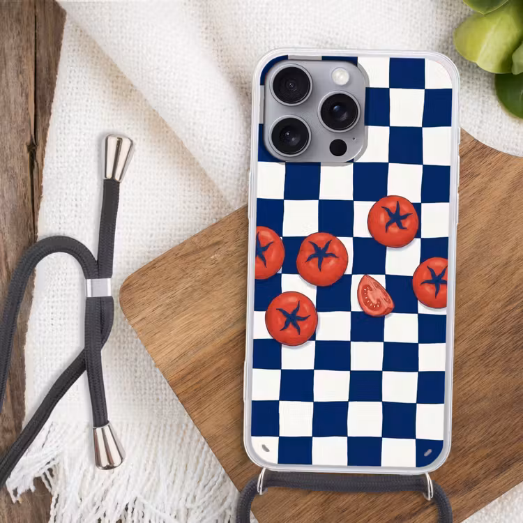Eten - Tomaten - Keuken - Illustratie - Rood-Blauw Hoesje iPhone 16 Pro Max met koord klein -sfeer4