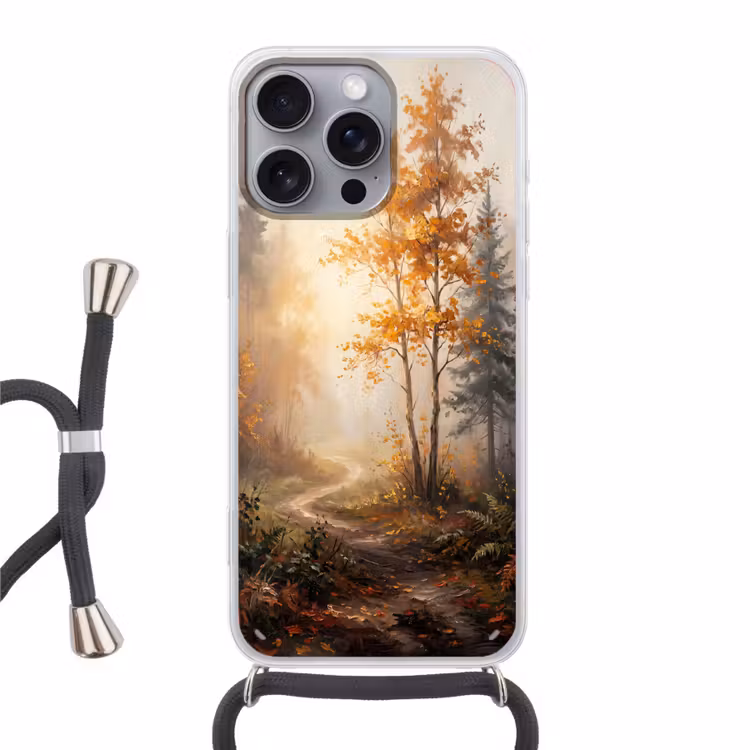 Bospad - Herfstbladeren - Natuur - Schilderachtig - Oranje Hoesje iPhone 16 Pro Max met koord klein -3d