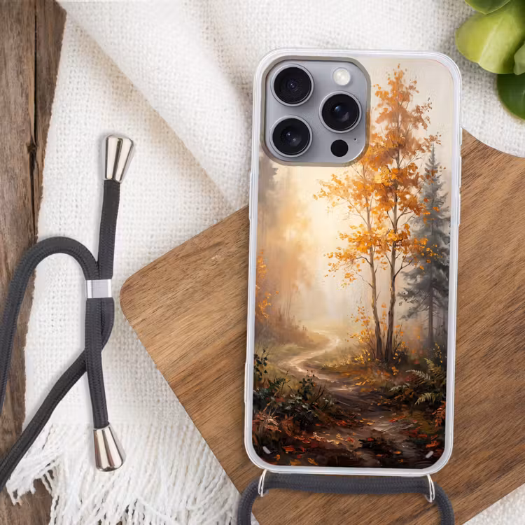 Bospad - Herfstbladeren - Natuur - Schilderachtig - Oranje Hoesje iPhone 16 Pro Max met koord klein -sfeer4