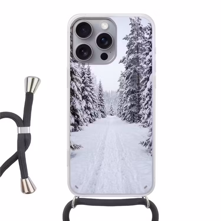 Bos - Winter - Sneeuw - Pad - Natuur Hoesje iPhone 16 Pro Max met koord klein -3d