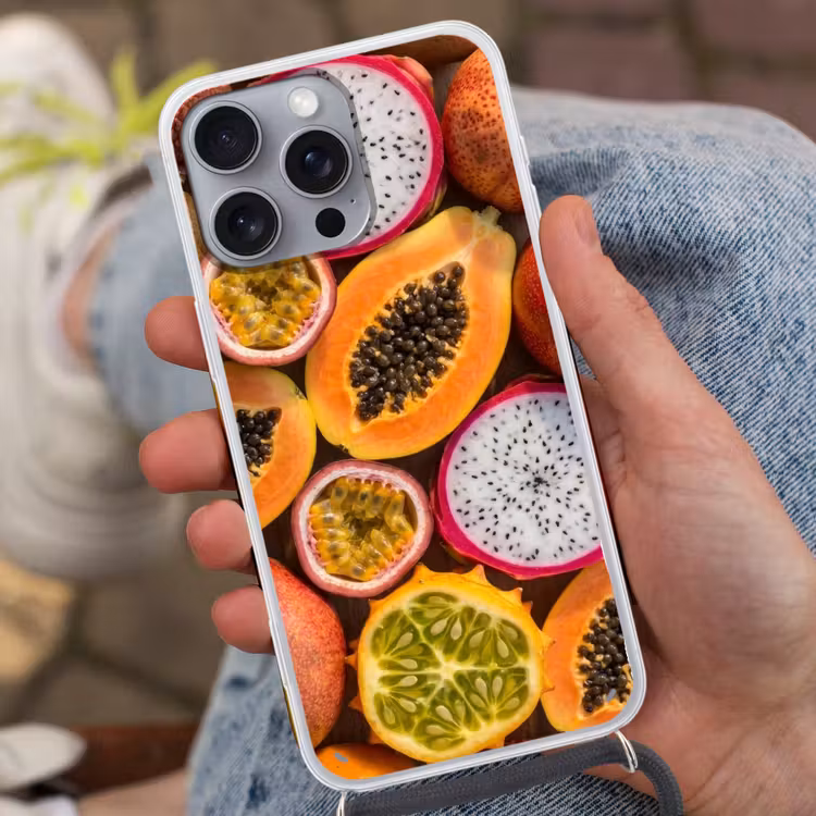 Fruit - Geopend - Tropisch - Eten - Kleurrijk Hoesje iPhone 16 Pro Max met koord klein -sfeer3